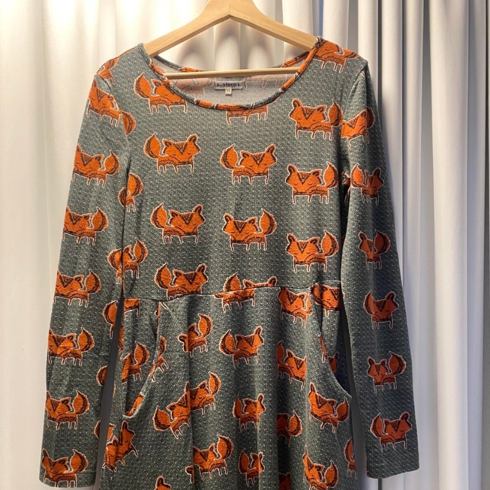 Fox Pattern LA Soul 90's Style, Green, Long Sleeve Dress with Pockets
